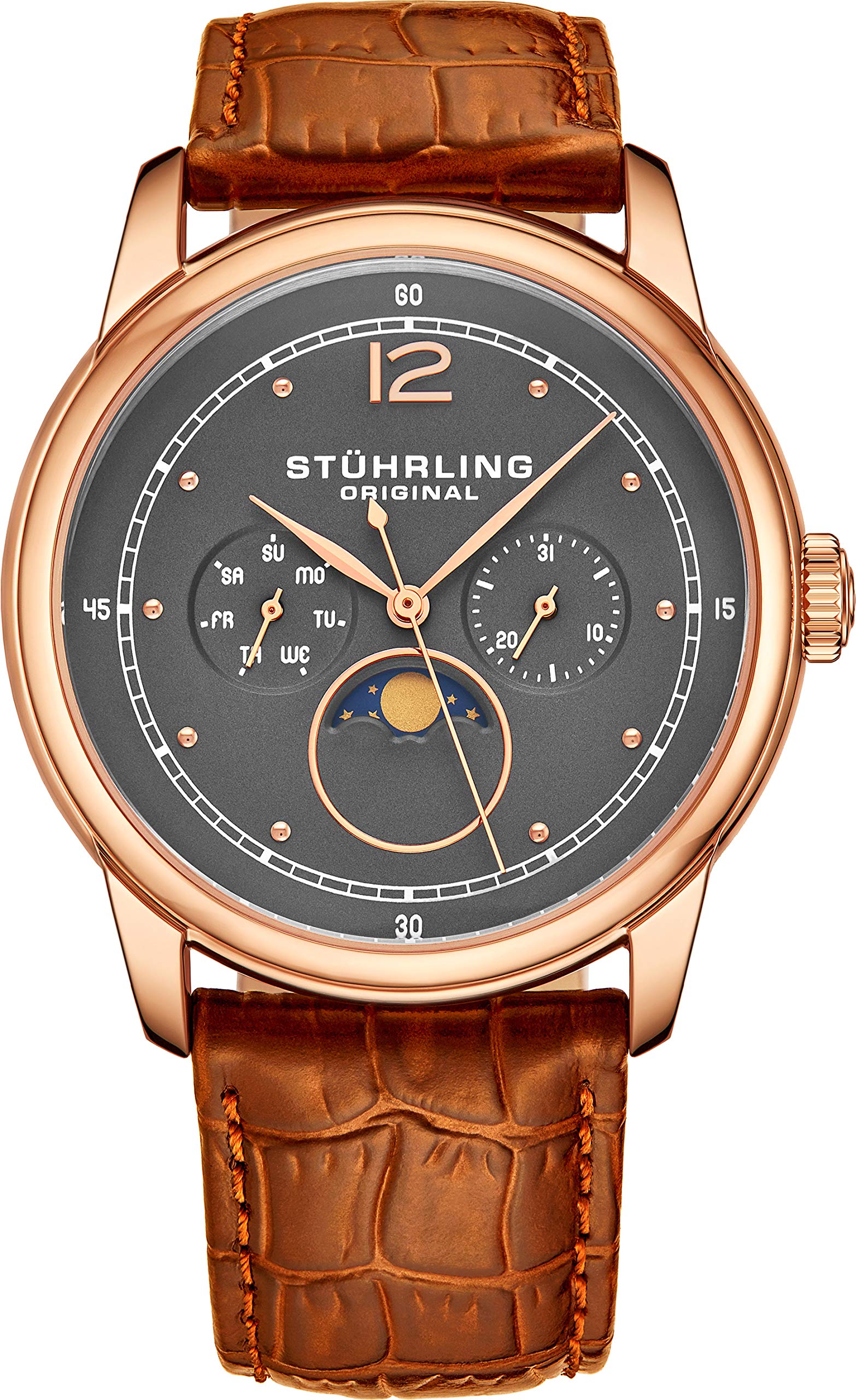 Stuhrling Original Men's MoonPhase Dress Watch - Stainless Steel Case & Genuine Leather Band - Analog Watch with Day/Date Display - Celestia Collection - Perfect for Business, Formal Events & Gift Giving