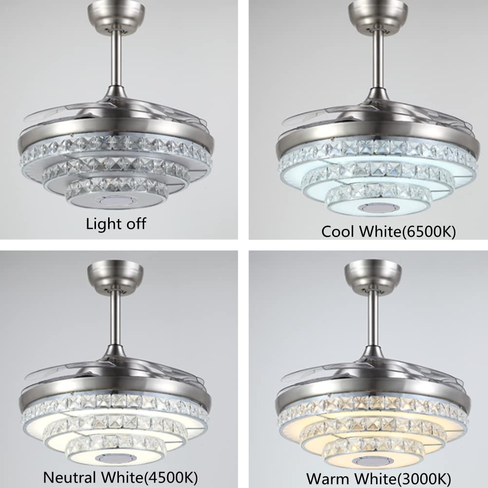 RuiWing 42 Inch Smart Ceiling Fan with LED Light and Bluetooth Speaker - Modern Crystal Chandelier Fan with 7 Color Changing Lights, Retractable Blades, Remote Control & 3 Silent Speeds - Perfect for Living Room, Bedroom, and Outdoor Patio