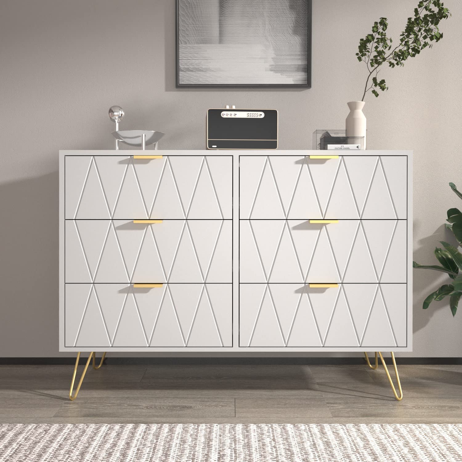 Modern 6-Drawer Dresser with Wide Storage & Metal Handles - Solid Wood Chest of Drawers for Bedroom, Living Room, Hallway | Perfect for Organizing Clothes, Bedding & Home Essentials (White)