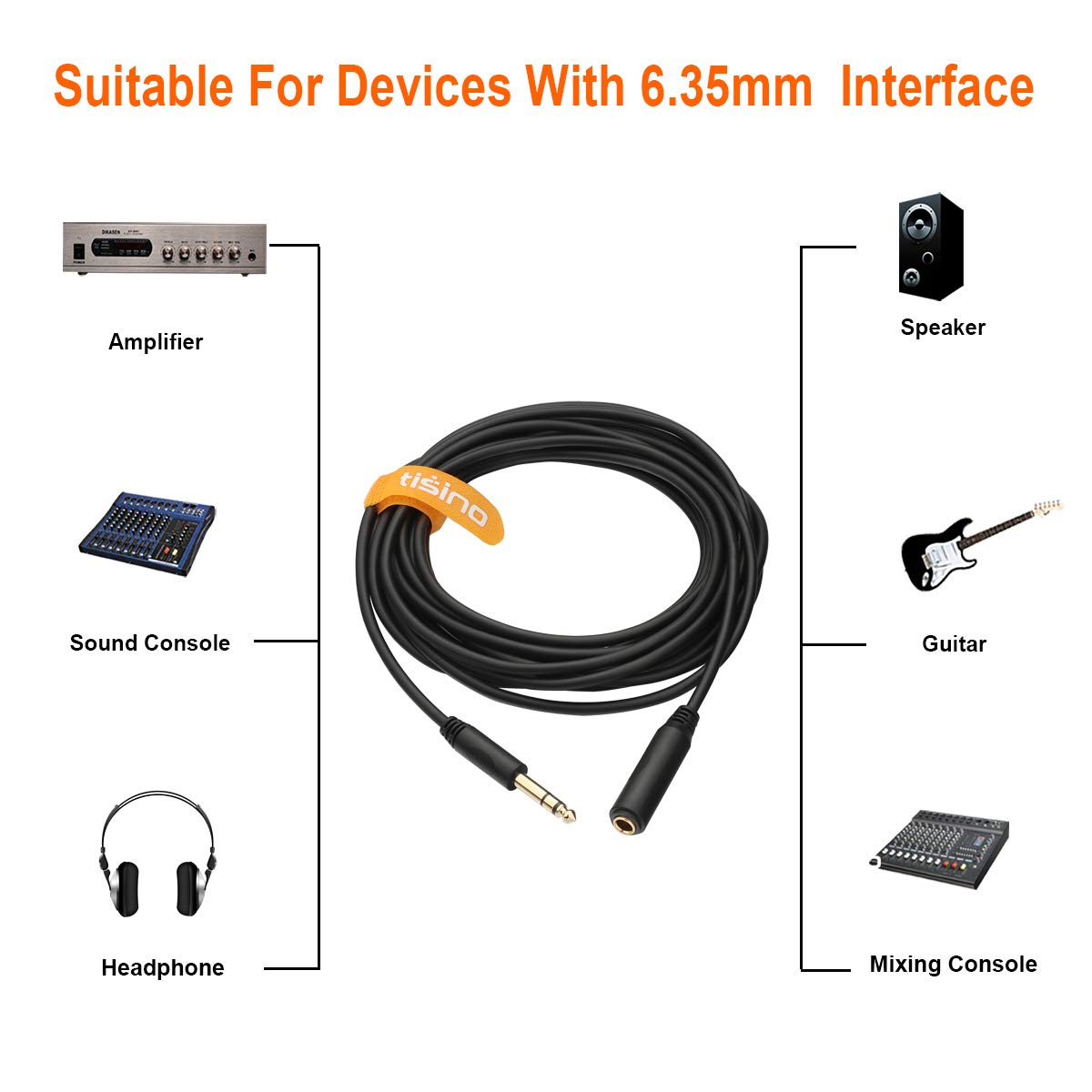 Tisino 6 ft 1/4 Inch TRS Male to Female Stereo Extension Cable - Premium Headphone & Guitar Audio Cable for Home Studio, Live Performances & DJ Equipment