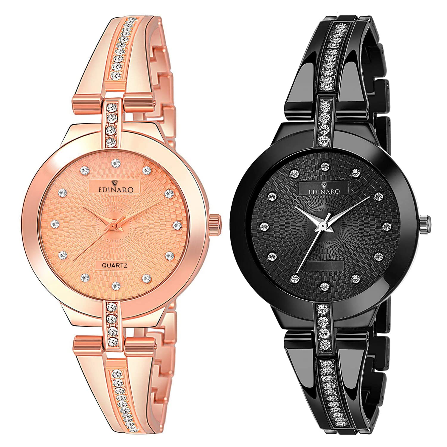 Stylish EDINARO Women's Watches with Round Studded Dial - Analog Quartz Movement, Long Battery Life, Stainless Steel Adjustable Bracelet & Double Lock Clasp | Perfect for Office, Date Night & Everyday Wear