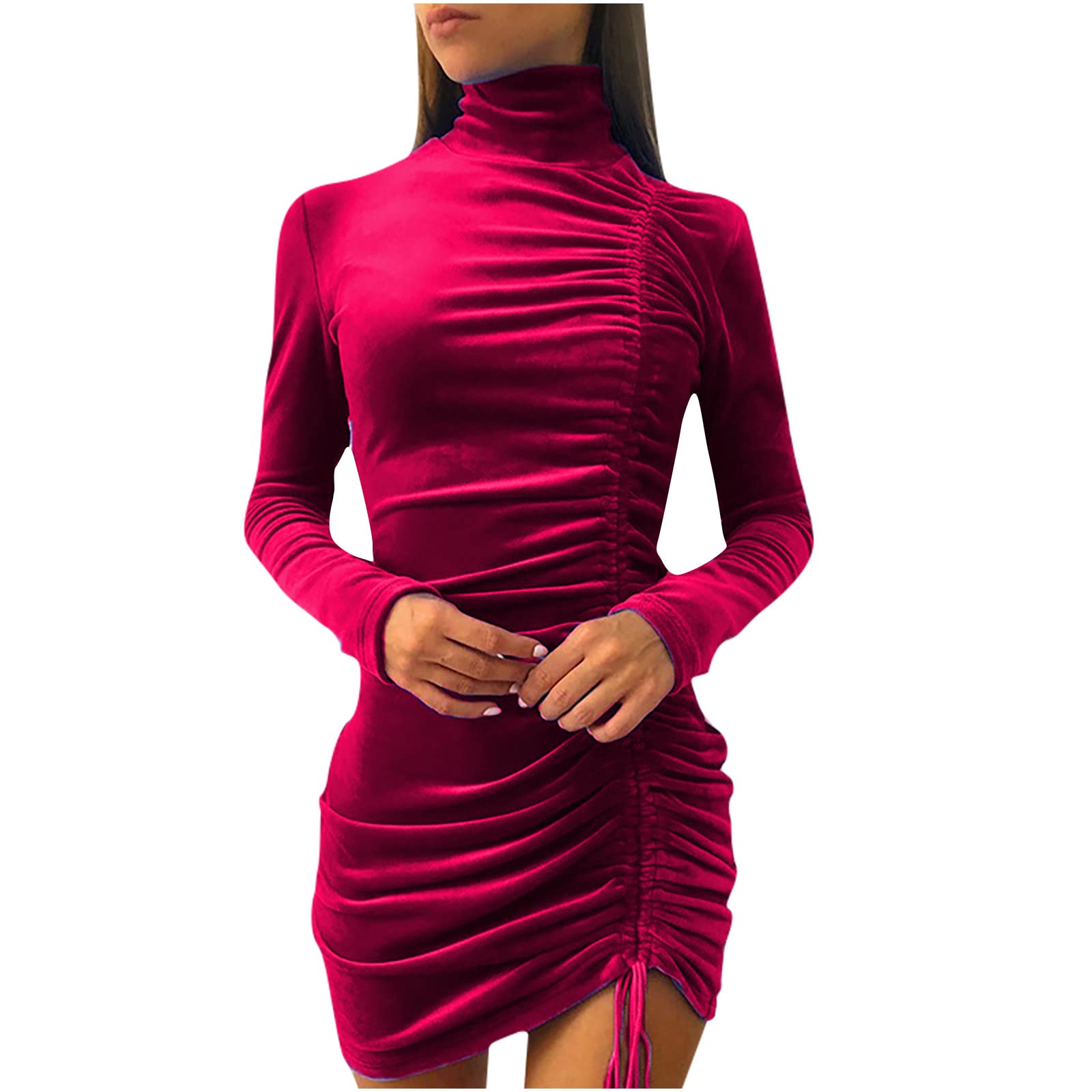 Elegant Ctreela Women's Velvet Turtleneck Sheath Dress - Ruched Bodycon, Long Sleeve Wrap Dress with Drawstring for Office, Party & Holiday Events