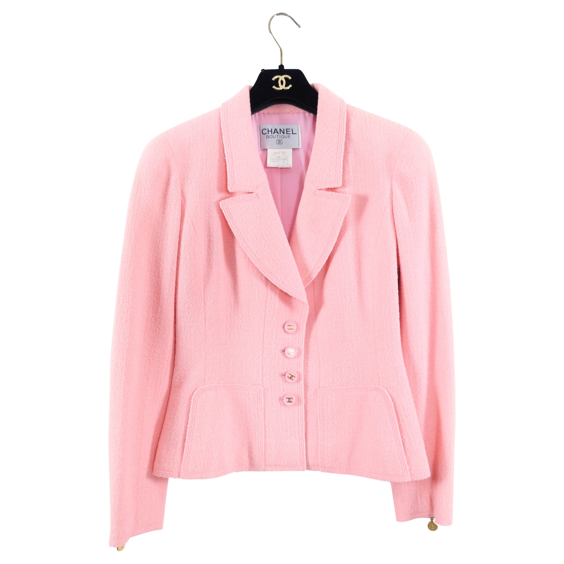 Vintage Chanel Pink Boucle Wool Classic CC Button Jacket FR42 Size 8 - Perfect for Luxury Fashion Collectors & High-End Vintage Outfits