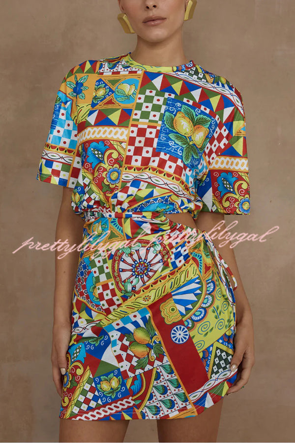 Stylish Geometric Print Short Sleeve Tie Waist Mini Dress for Women | Summer Casual Party Outfit | Perfect for Beach Vacations, Date Nights & Brunch Dates