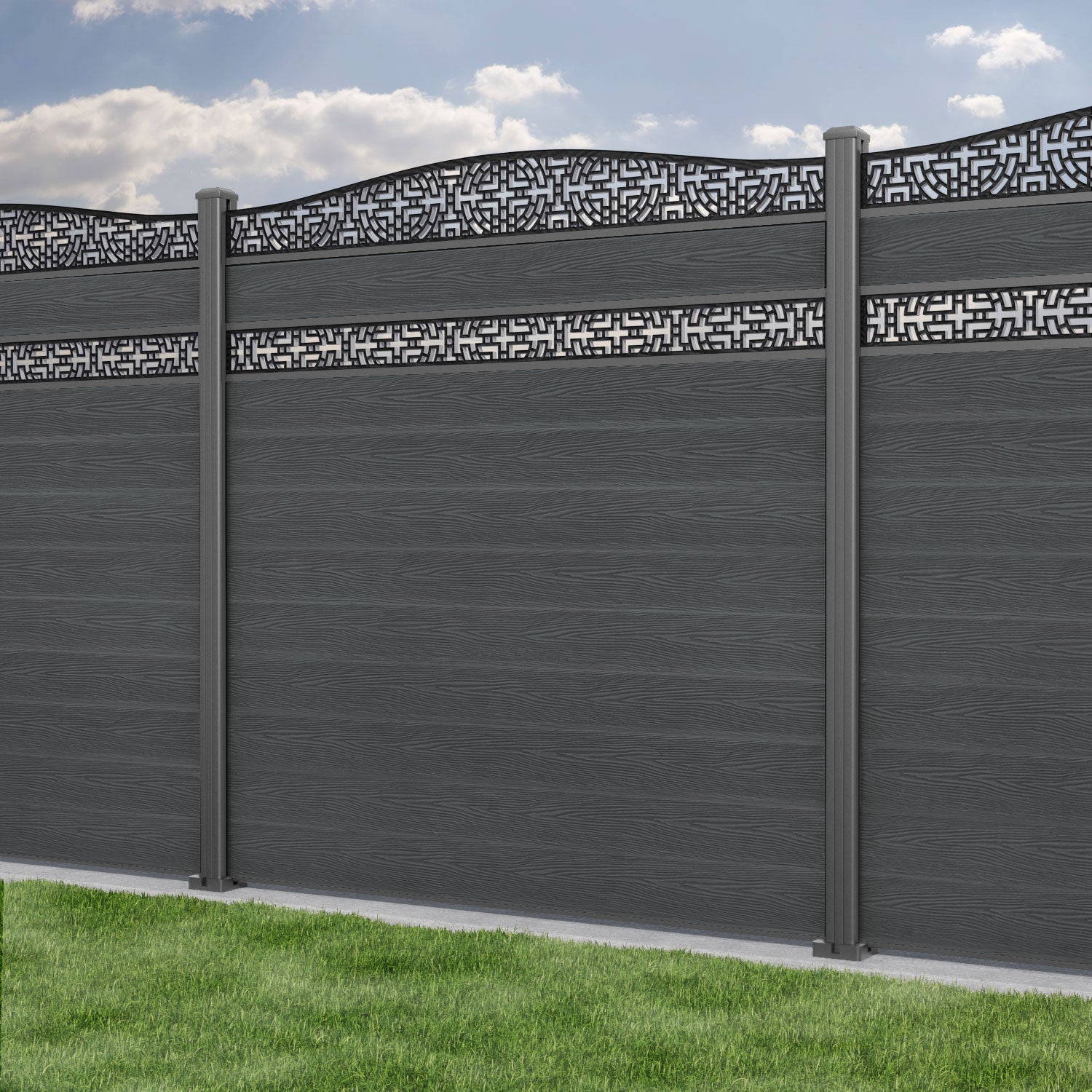Classic Kumo Curved Top Split Screen Fence Panel - Dark Grey Aluminum Privacy Fence with Sturdy Posts | Perfect for Backyard, Garden, and Patio Privacy Screening