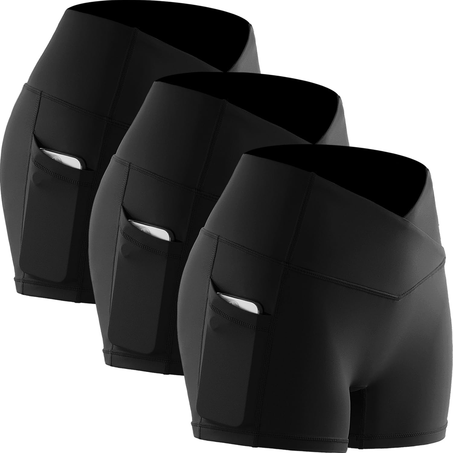 CADMUS 3 Pack Women's High Waist Yoga Shorts - Spandex Workout Shorts with Deep Side Pockets for Running, Gym & Lounge - Breathable Compression Biker Shorts for Women