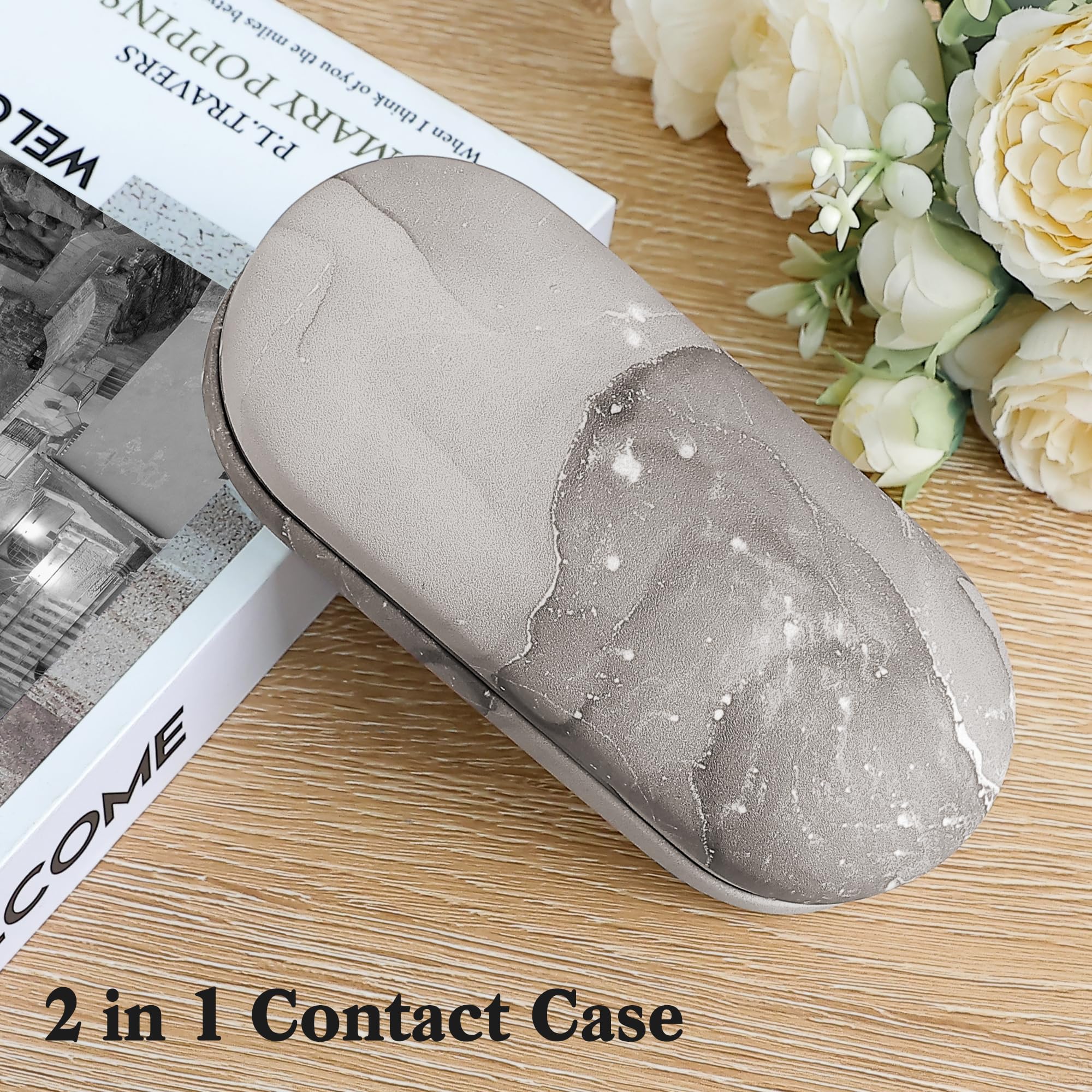 2 in 1 Contact Lens and Glasses Case with Mirror - Double Sided Travel Storage Kit Includes Tweezer & Solution Bottle - Portable Eyewear Organizer for Travel, Office, Gym (Grey & Black Marble)