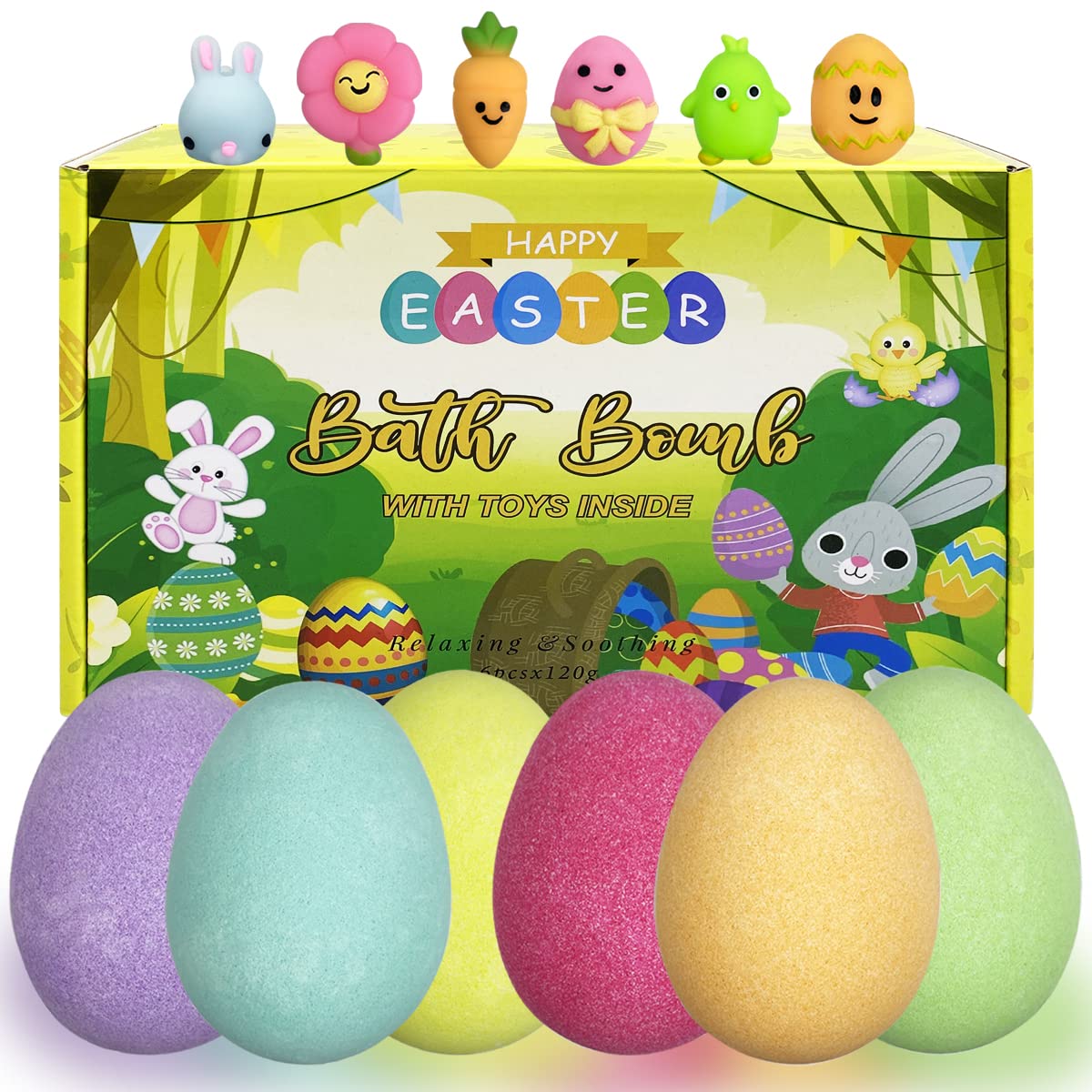 6 Pack Easter Bubble Bath Bombs with Surprise Squishy Toys - Fun Easter Gifts for Kids, Girls & Boys - Perfect for Easter Baskets, Bath Time & Party Favors