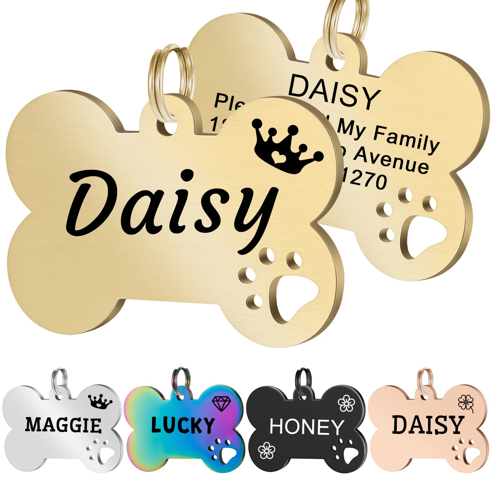 2 Pack Personalized Pet ID Tags - Stainless Steel Custom Engraved Dog Tags with Name, Address & Phone - Bone & Paw Shape - Large Gold - Perfect for Dogs & Cats Safety & Identification