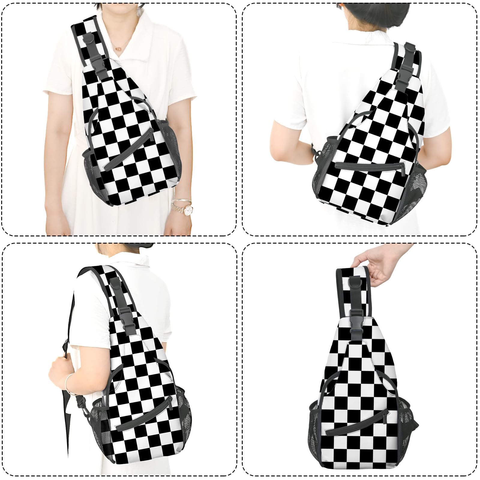 Yrebyou Black & White Checkered Crossbody Sling Bag - Lightweight Chest Backpack for Women & Men - Perfect for Travel, Hiking, Biking, Running & Outdoor Activities - Multipurpose Fashion Shoulder Bag