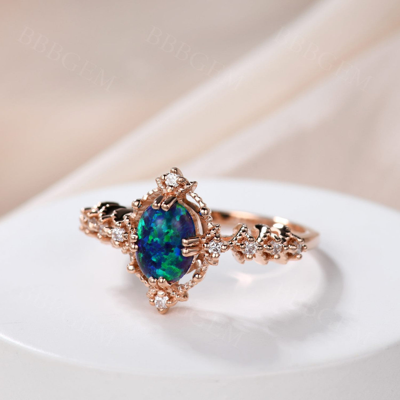 14K/18K Vintage Black Opal Engagement Ring with Diamond Band - Elegant Promise Jewelry for Wedding, Proposal & Anniversary Gifts