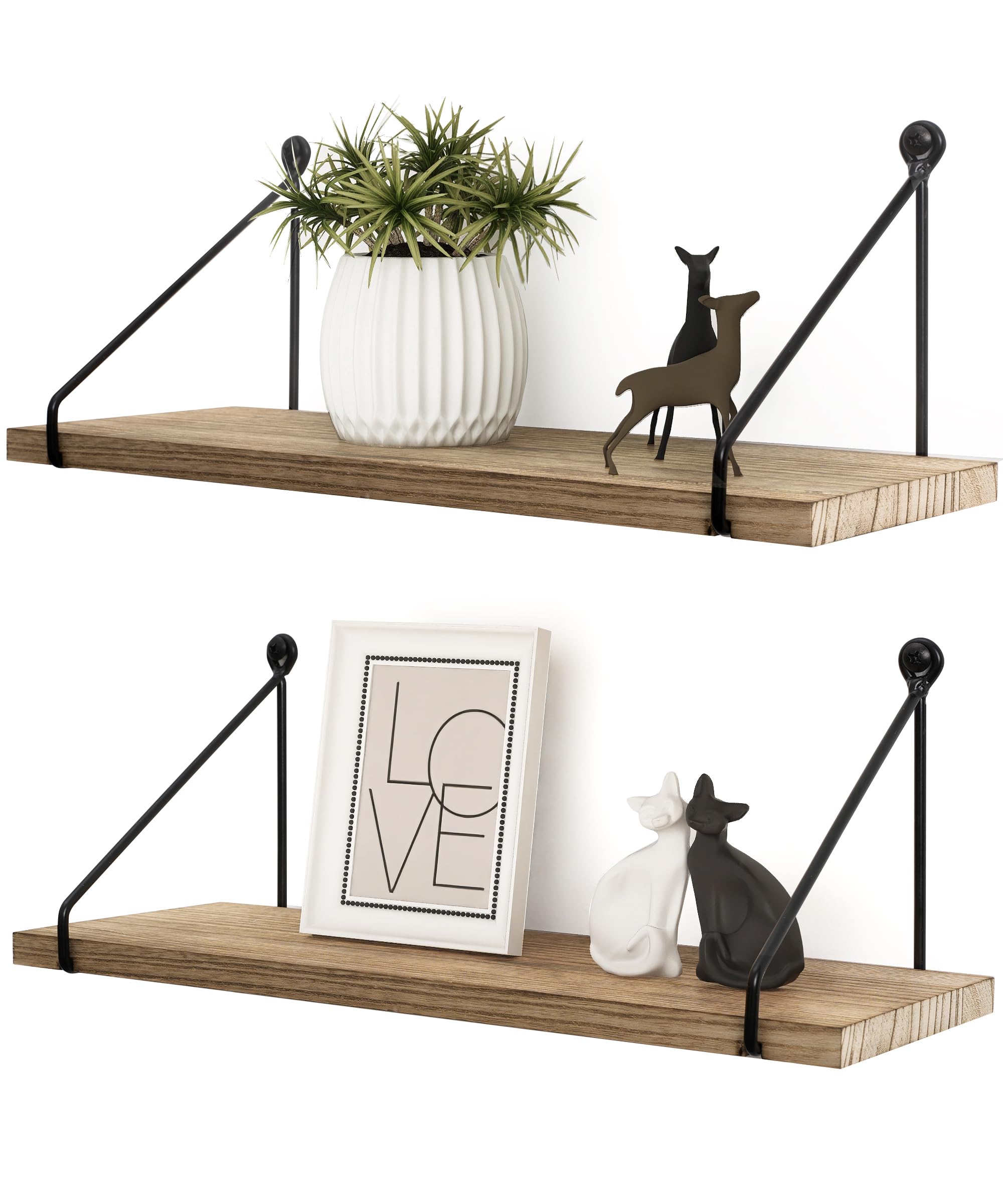 Rustic Floating Shelves for Wall - Set of 2 Wooden Storage Shelves with Metal Brackets - Perfect for Bathroom, Kitchen, Bedroom, Living Room & Office Decor - Farmhouse Style Home Accessories for Organizing & Displaying Items