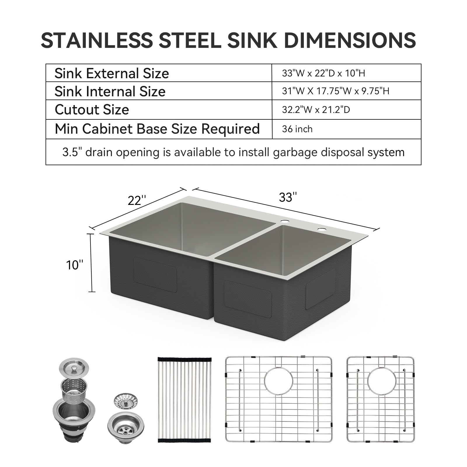 Lordear 33-inch Double Bowl Topmount Kitchen Sink - 60/40 Split 16 Gauge Stainless Steel Drop-In Sink, Handmade Over Counter Sink (33