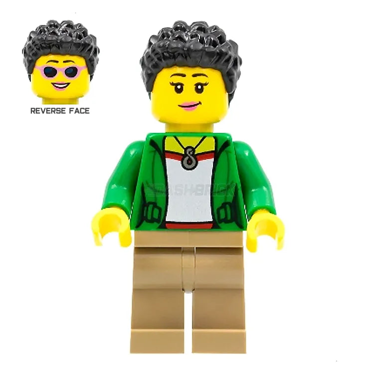 LEGO Minifigure Female Stuntz Spectator with Green Jacket & Black Coiled Hair - Perfect for LEGO City Sets, Collectors and Creative Play