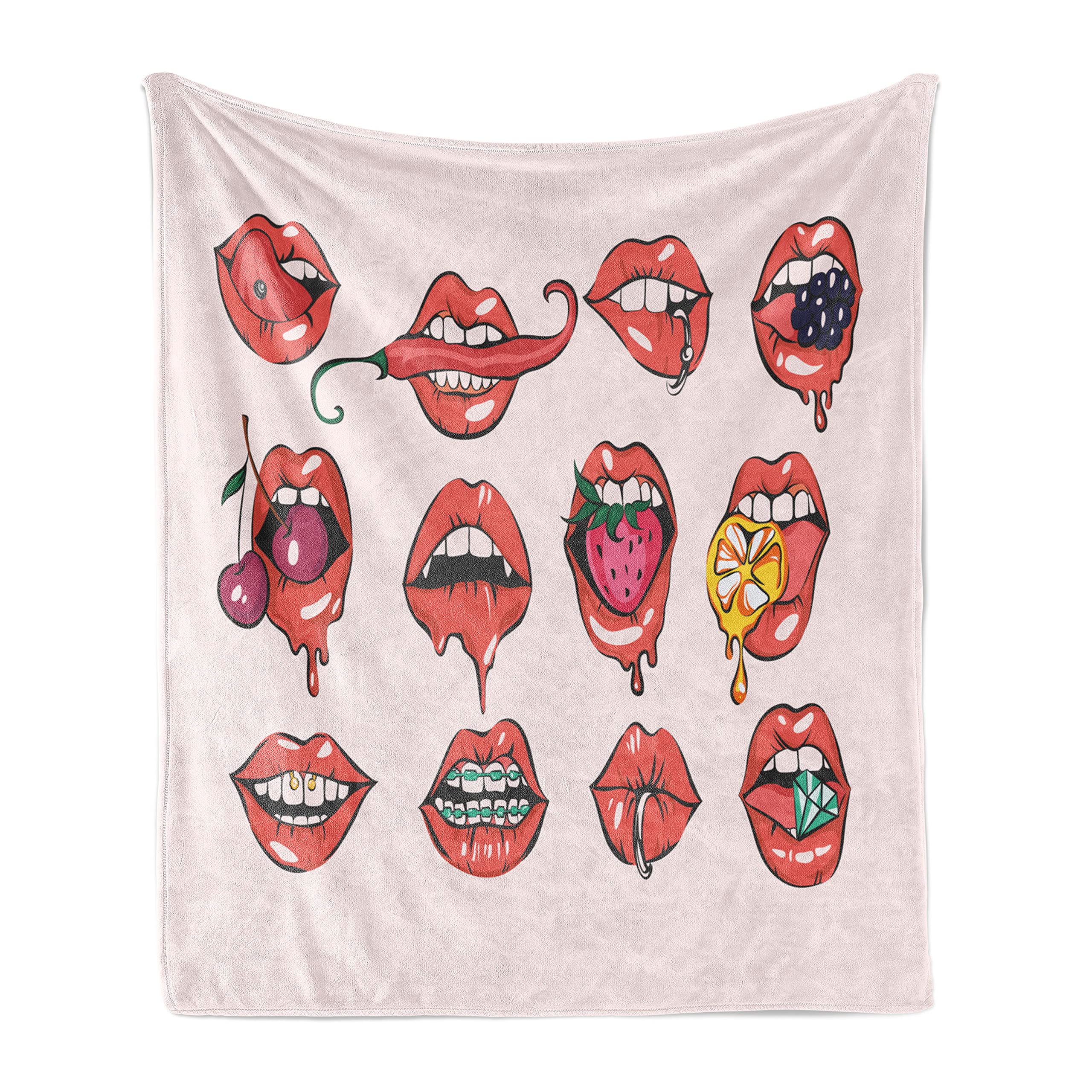 Ambesonne Lips Throw Blanket - Soft Flannel Fleece Accent Blanket with Juicy Fruits & Pierced Tongue Design, 50