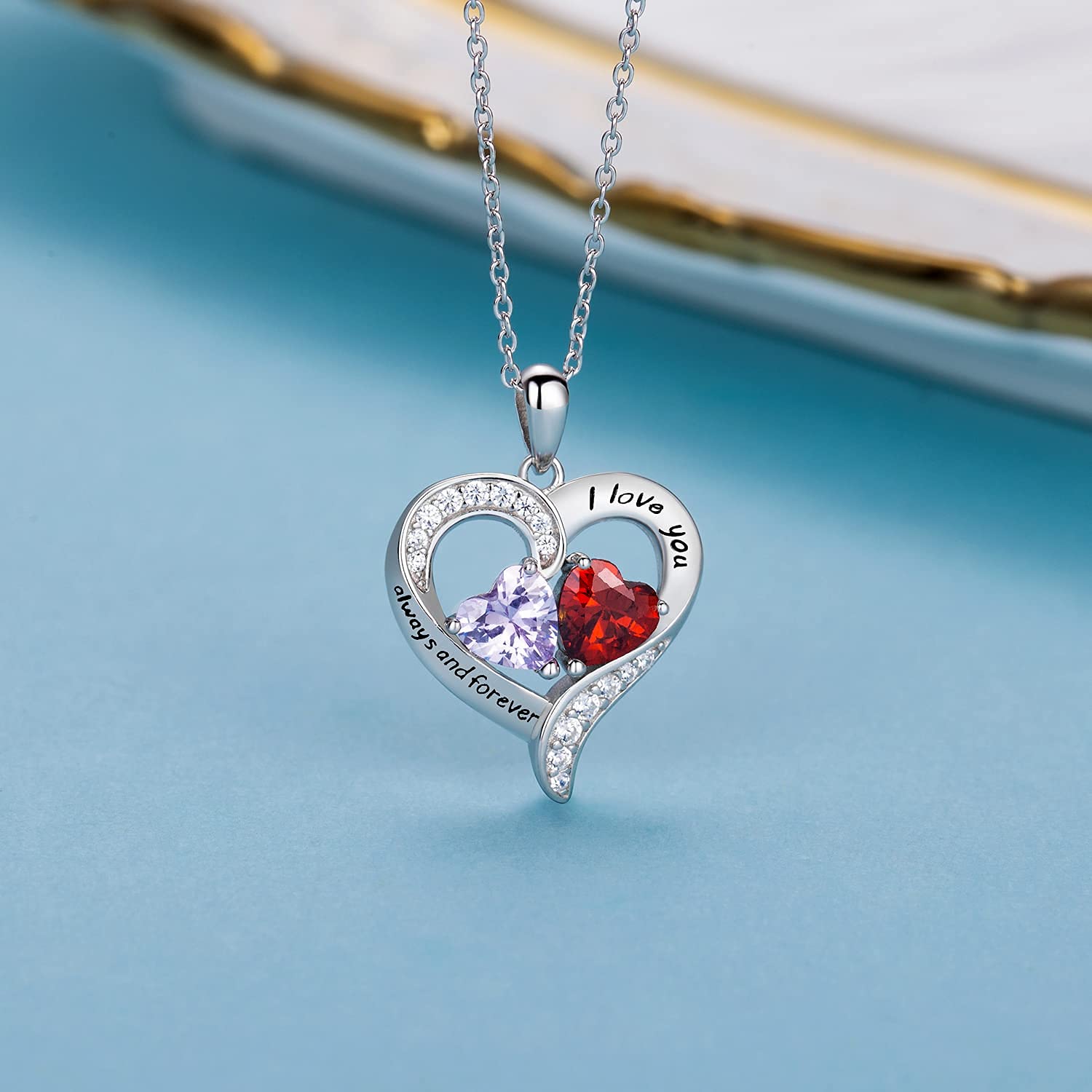 BlingGem Heart Necklace for Women - 925 Sterling Silver Birthstone Necklace with 2 Custom Birthstones, Personalized Pendant Jewelry Gift for Wife, Mom, Girlfriend | Valentine's Day, Anniversary, Birthday Gift Idea