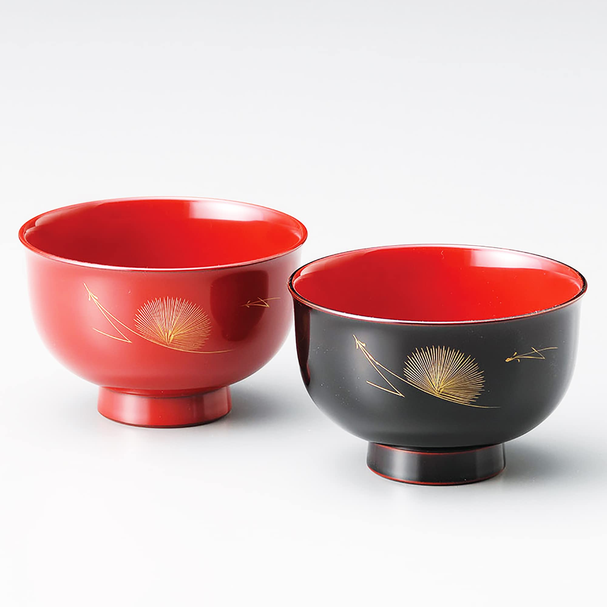 Premium Echizen Coating 904103 Matsuba Sinkin Feather Soup Bowls - Set of 2 (Vermilion & Black) - Handcrafted Japanese Ceramic Rice/Noodle Bowls for Home Dining & Gifts