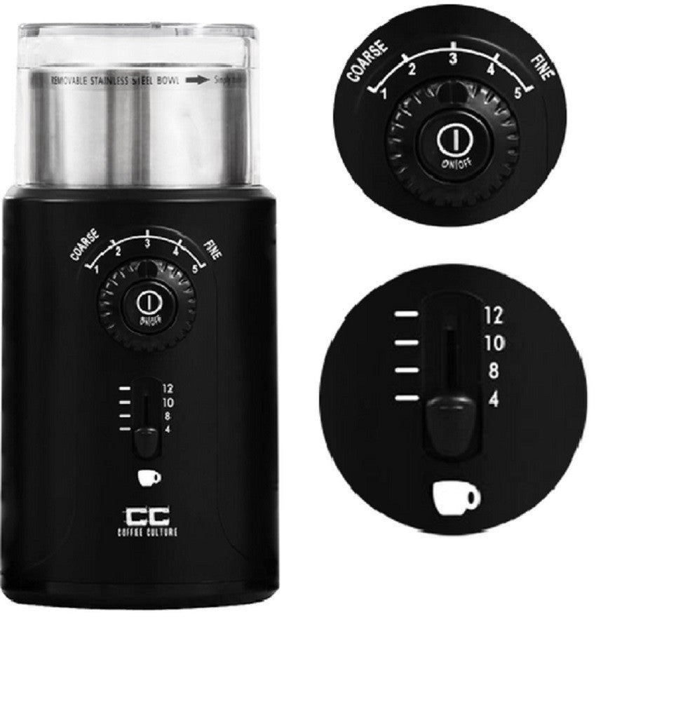 Premium Electric Coffee Grinder - Stainless Steel Blades, Black, Adjustable Grind Settings for Espresso, Drip & French Press - Perfect for Home & Office Use