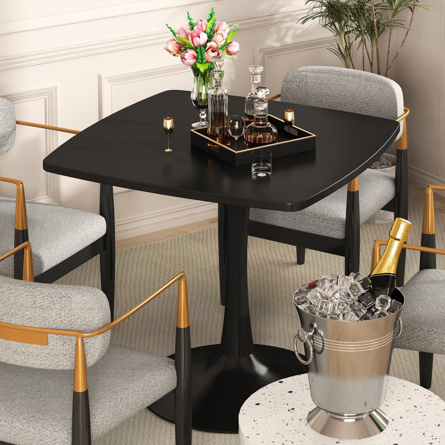 DKLGG 31.5 Inch Black Square Tulip Dining Table - Modern Pedestal Kitchen Table with Sturdy MDF Tabletop & Metal Base - Compact Space-Saving Design for 2-4 People - Perfect for Small Apartments, Breakfast Nooks, and Cozy Dining Areas