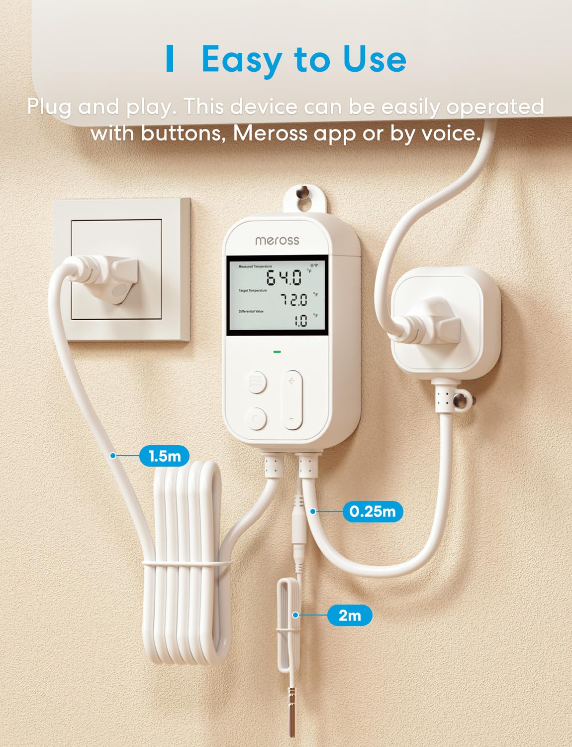 meross Smart Temperature Controller Thermostat - WiFi Enabled for Heating & Cooling (120V 15A 1800W) - Compatible with Apple HomeKit, Alexa & Google Assistant - Perfect for Home Brewing, Fermentation, Reptile Tanks & Greenhouse Climate Control
