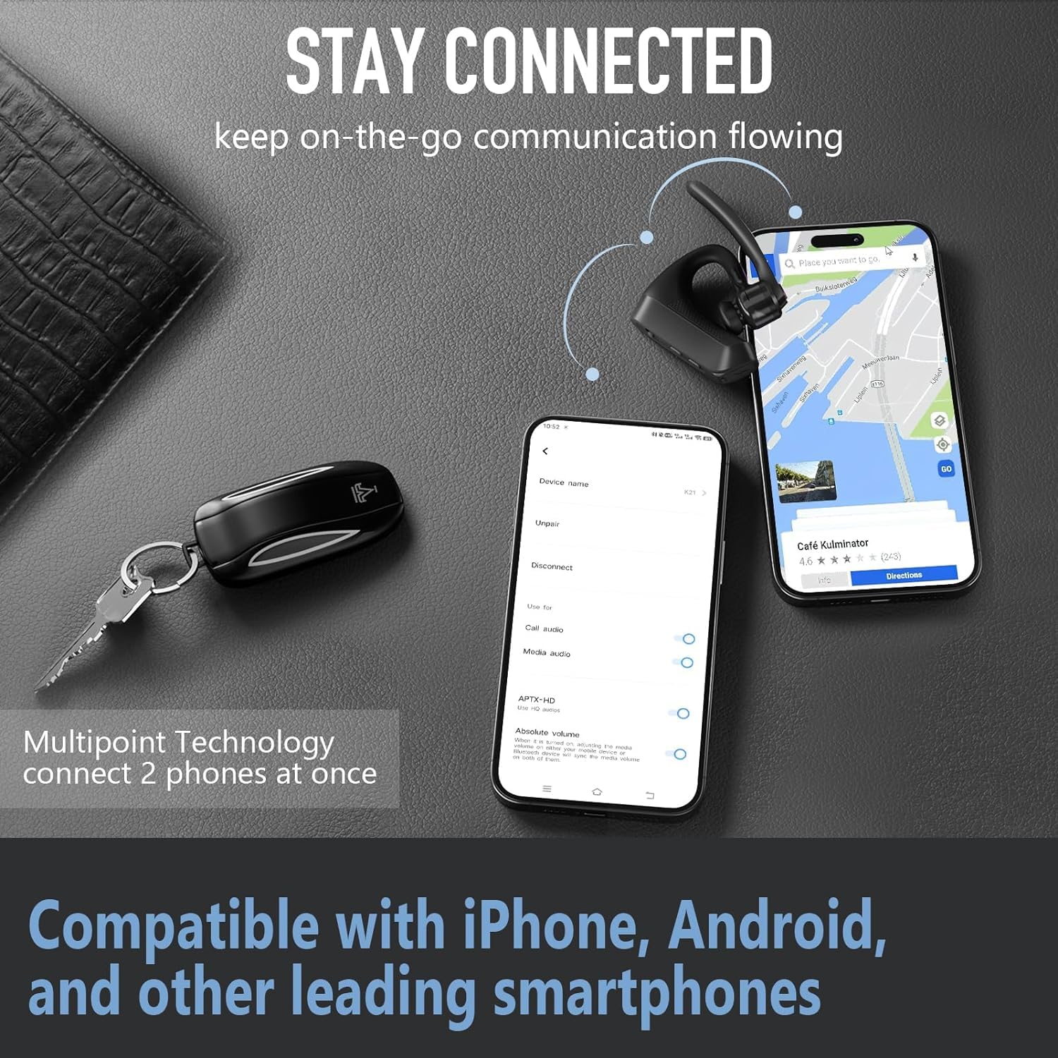 Conambo K10C Bluetooth 5.2 Wireless Headset with CVC 8.0 Noise Cancellation, 16Hrs Talk Time, Dual Mic Hands-Free Headphones for iPhone Android Smartphones - Perfect for Truck Drivers, Office Work & Online Meetings