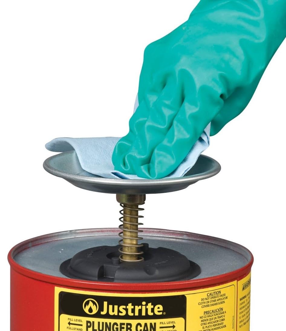 Justrite 1 Gallon Steel Push-Down Solvent Dispenser Can - Red (10308) | Made in USA | Industrial Solvent Storage & Dispensing Solution for Mechanics, Workshops & Auto Repair Shops