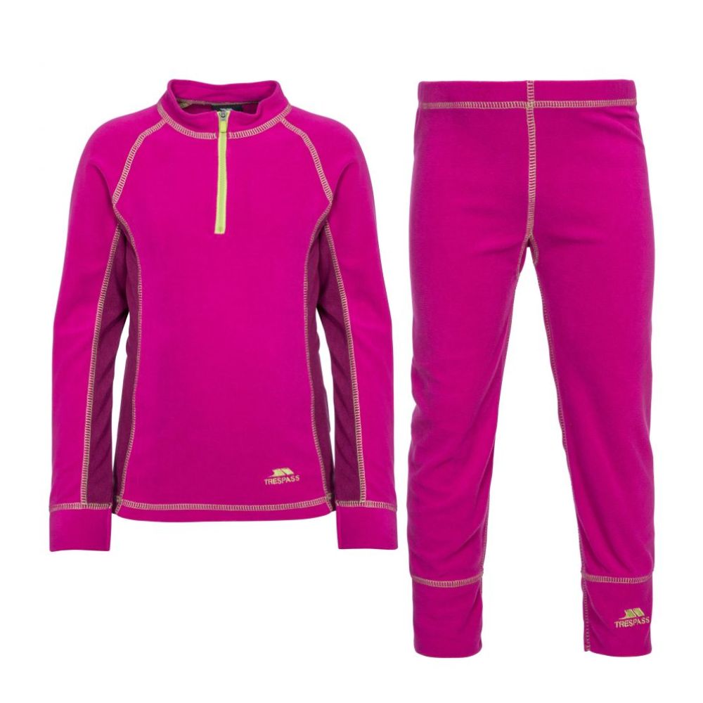 Trespass Bubbles Girls Thermal Base Layer Set - Warm Fleece-Lined Long Sleeve Top & Pants for Winter - Azalea Pink - Perfect for Skiing, Snowboarding & Outdoor Activities