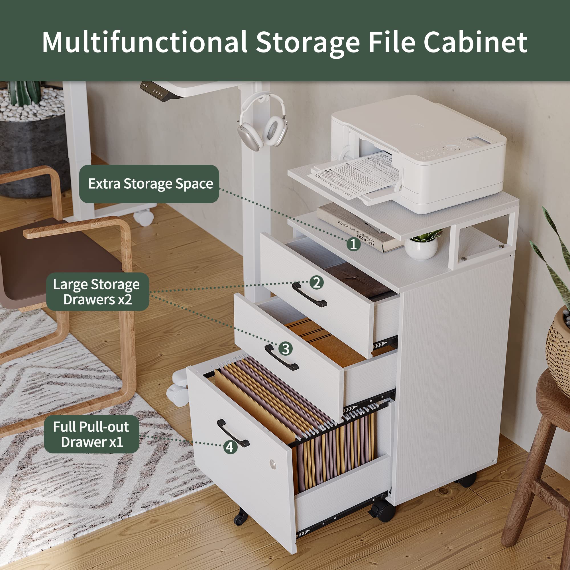 FEZIBO 3-Drawer Locking File Cabinet with Wheels - Home Office Storage for A4, Letter & Legal Documents - White Wooden Printer Stand & Rolling File Organizer - Perfect for Small Spaces & Workspace Organization