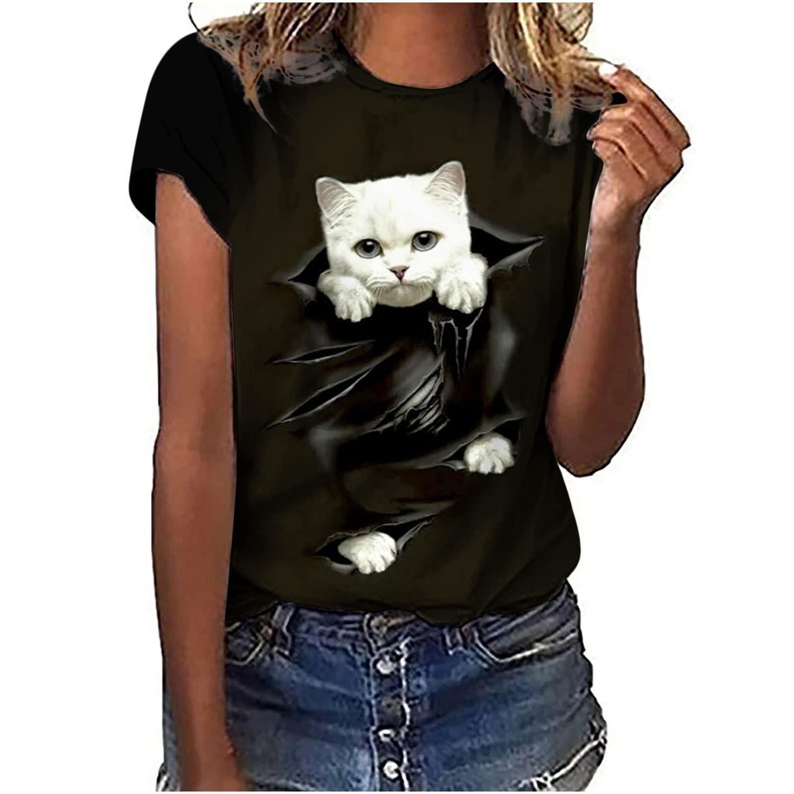 Vintage Cat Graphic Tee for Women - Cute Funny Cat Lovers T-Shirt - Short Sleeve Animal Print Blouse - Perfect Gift for Cat Lovers - Great for Casual Wear, Parties, and Everyday Outfits