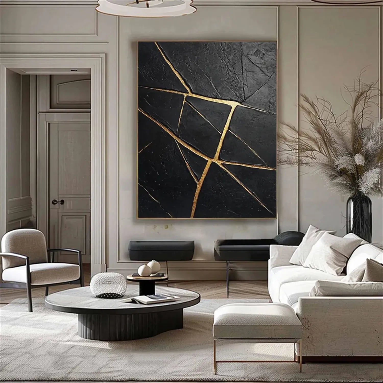 Black Gold Minimalist Textured Painting Canvas - Modern Abstract Wall Art for Living Room, Bedroom & Office Decor | Premium Quality #MZ121