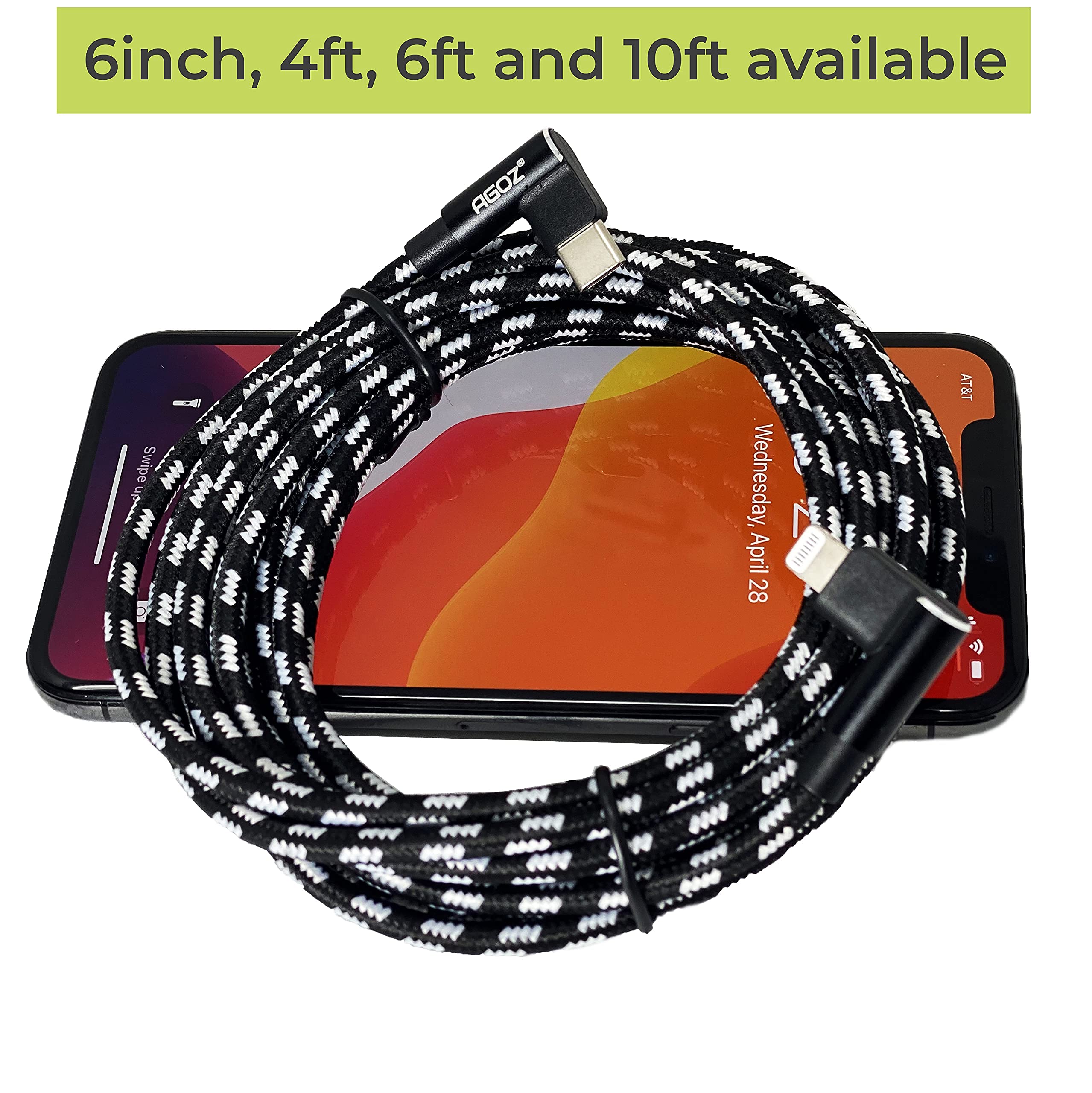 Agoz 10FT Apple MFI Certified Lightning to USB C Cable - 90° Right Angle Fast Charging Cord for iPhone 14/13/12 Pro Max/SE/11/XS MAX/XR/X/8/7/6/5 - Durable Charger for Home, Office & Travel