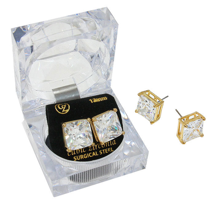12mm Square Cut Crystal Cubic Zirconia CZ Stud Earrings - Clear Box for Women, Perfect for Weddings, Parties & Special Occasions