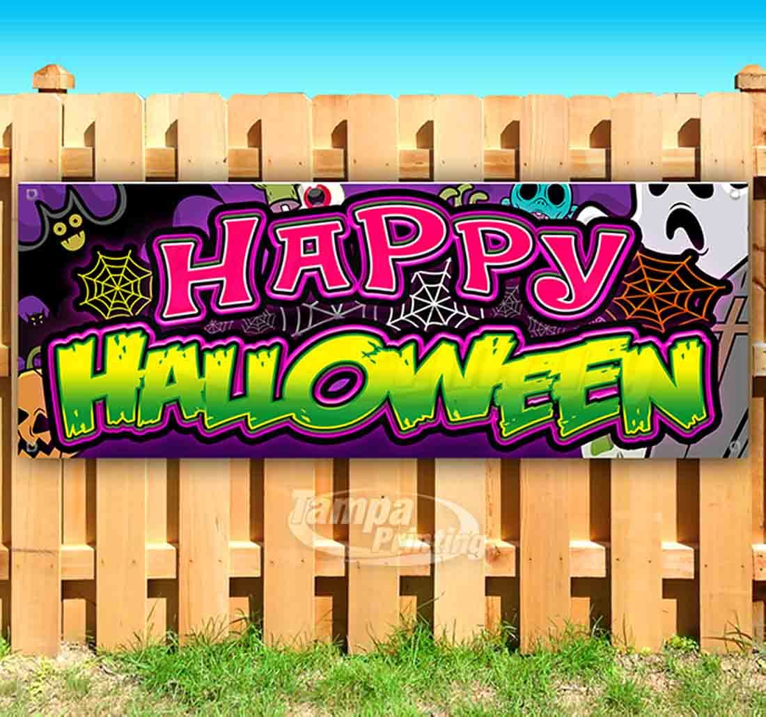 Purple Happy Halloween Banner 13 oz - Heavy Duty Vinyl Halloween Decoration with Metal Grommets | Weatherproof Non-Fabric Sign for Outdoor & Indoor Halloween Party Decor