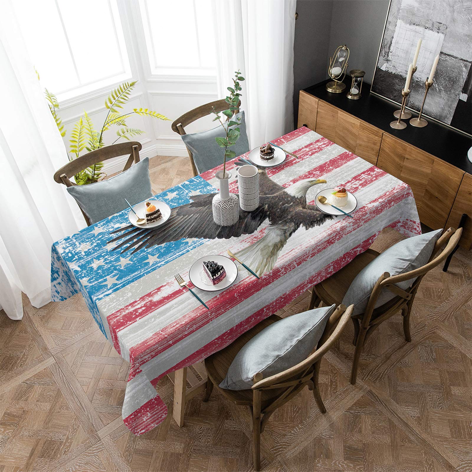52x70 Inch American Flag Rectangle Tablecloth - Waterproof, Wrinkle-Free & Spillproof Table Cover with Eagle Design | Perfect for Outdoor Dining, Kitchen, Weddings, Holidays & Banquets