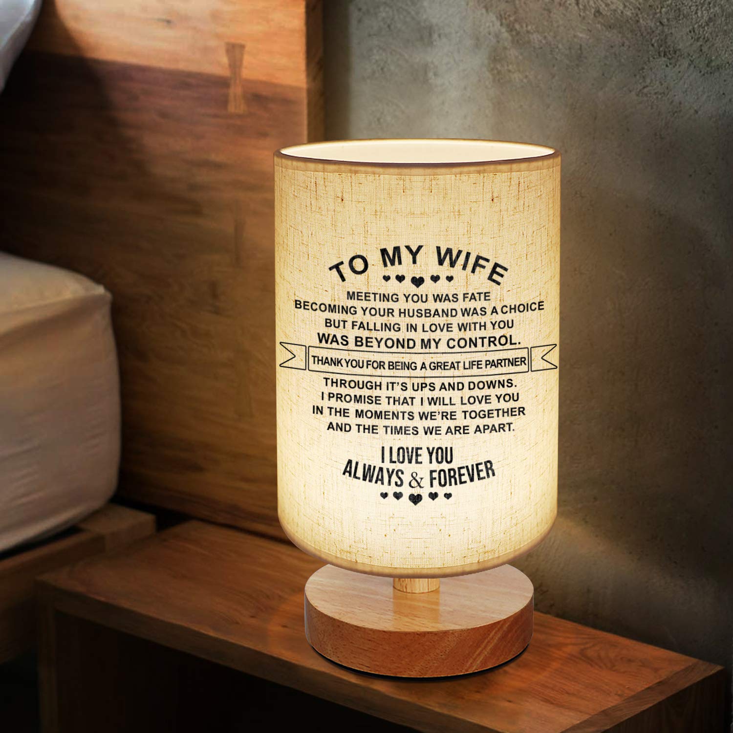 **Personalized Engraved Table Lamp - Dimmable Bedside Nightstand Lamp with Fabric Shade, Perfect for Bedroom, Living Room & Office - Best Anniversary & Birthday Gift for Wife (Husband to Wife Gift Idea)**