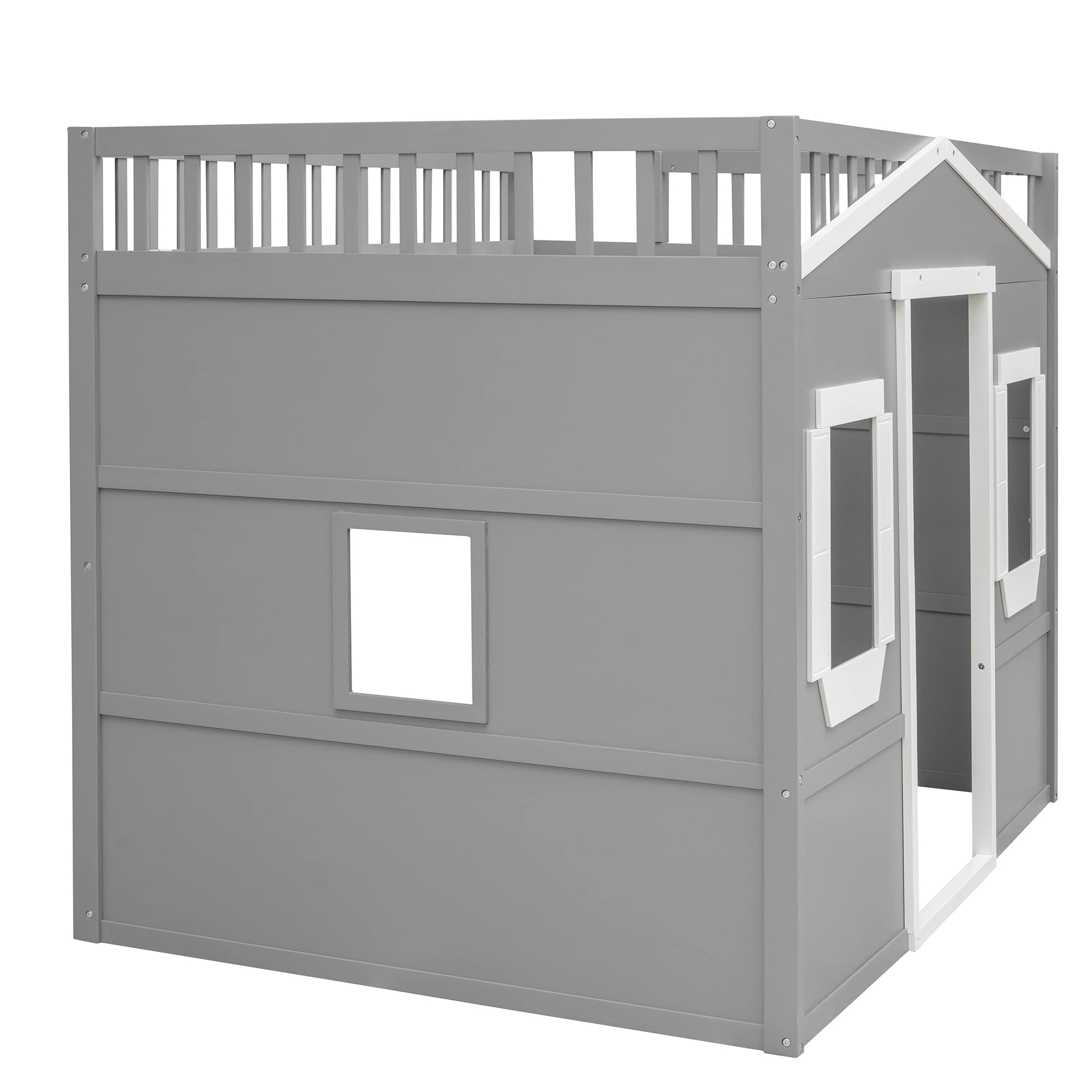 **Full Size Loft Bed with Safety Guardrail for Kids - Solid Wood Frame with Ladder & Windows - Sturdy Wood Slats Support - Space-Saving Design (Gray+White) - Perfect for Small Bedrooms, Kids' Rooms & Dormitories**