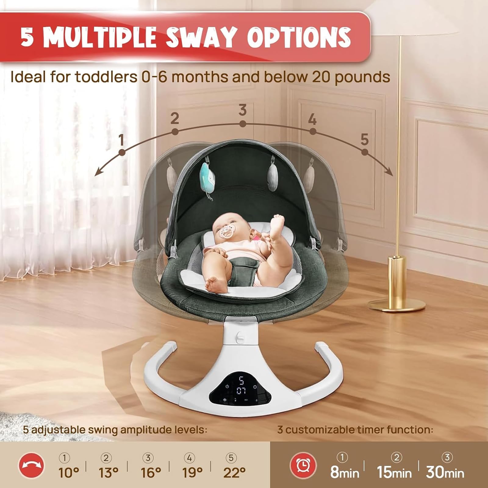 Portable Baby Swing for Infants to Toddlers - 5 Speed Adjustable Rocker with Remote Control, 3-Point Safety Harness & 3 Reclining Positions - Perfect for Nursery, Living Room or Travel (Green) | Ideal for Newborns, Baby Boys & Girls