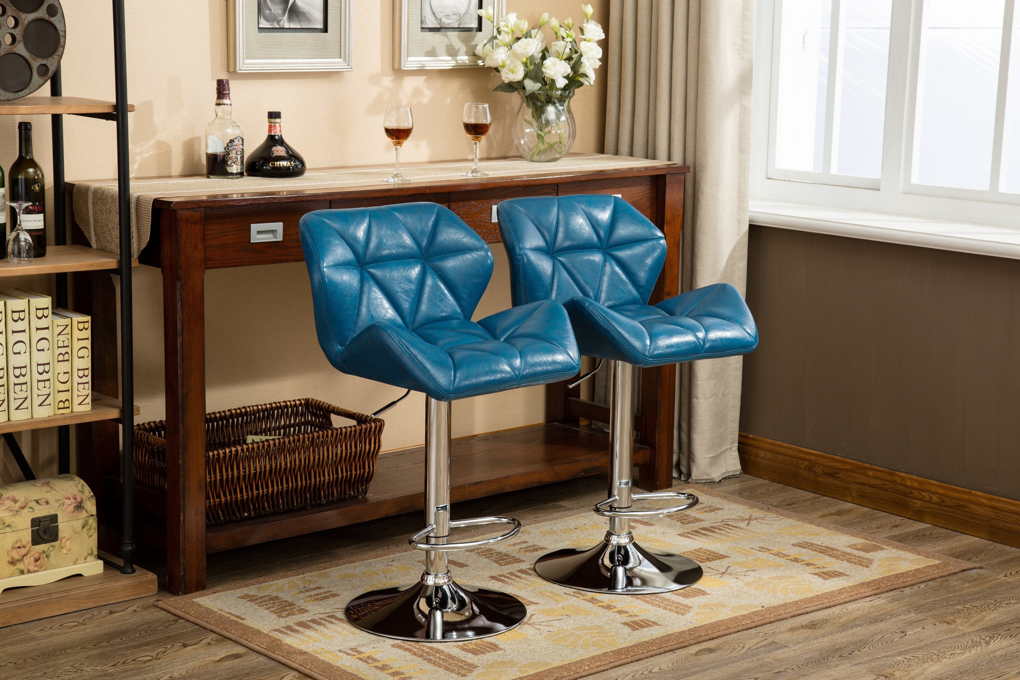 Roundhill Furniture Glasgow Contemporary Tufted Adjustable Height Hydraulic Bar Stools, Blue, Set of 2 - Perfect for Kitchen Islands, Home Bars & Modern Dining Areas