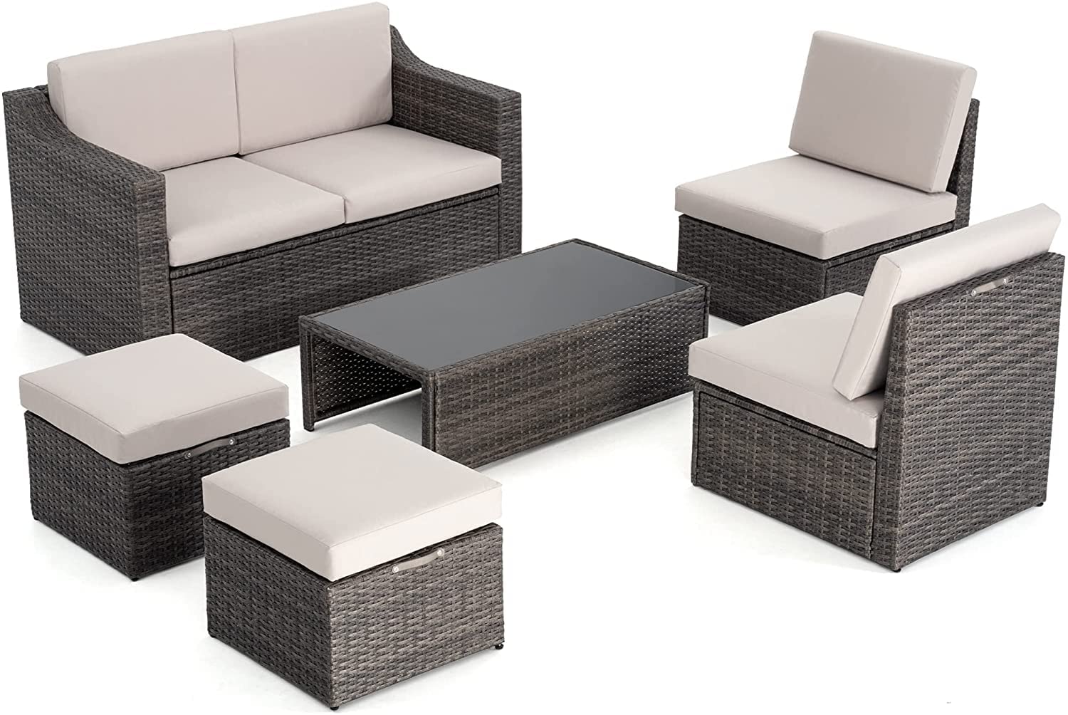 HAPPATIO 6-Piece Outdoor Patio Furniture Set - Beige Patio Conversation Sectional Sofa for Backyard, Garden, Poolside & Deck Relaxation