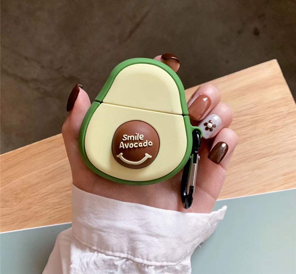 SGVAHY Cute 3D Cartoon Avocado AirPods Case - Soft Silicone Shockproof Cover with Ring Buckle Holder for AirPods 1/2/3/Pro - Fun Creative Fruit Vegetable Design (Avocado Smile) - Perfect for Gym, Travel & Everyday Use