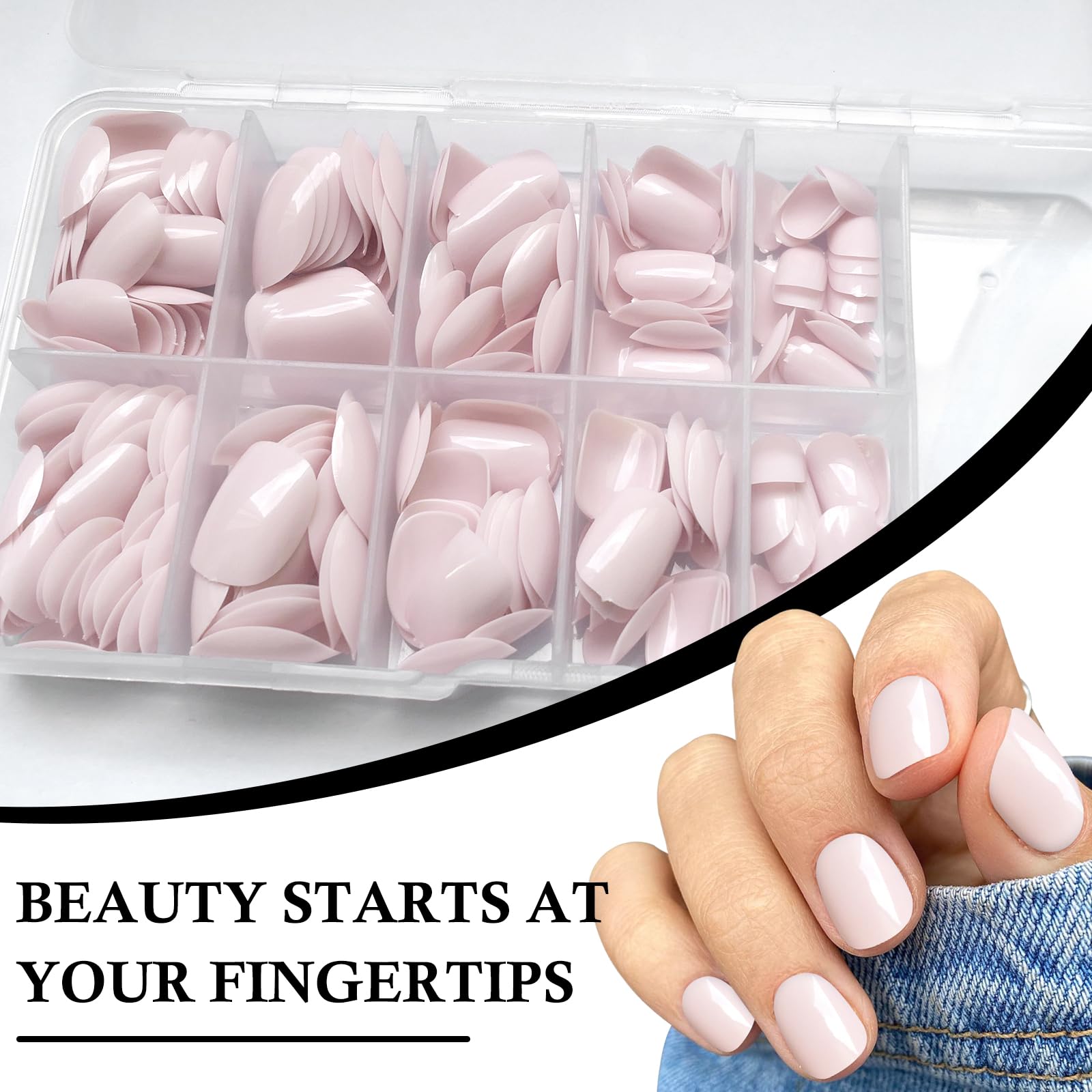AddFavor Short Press on Nails - 240pcs Glossy Full Cover Acrylic Fake Nails Kit for Women (Light Pink) with Sticky Tabs & Nail File - Square & Round Shapes | Perfect for Daily Wear, Parties, Weddings & Special Occasions