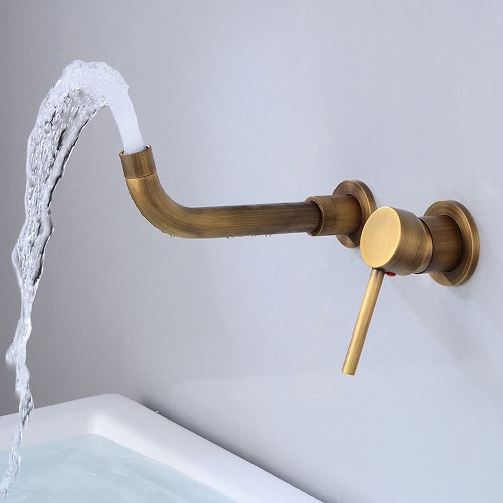 Matte Brass Wall Mounted Bathroom Faucet - Single Handle Basin Mixer Tap with 360° Rotation Spout for Hot & Cold Water - Vintage Antique Finish - Perfect for Modern & Farmhouse Bathroom Sinks
