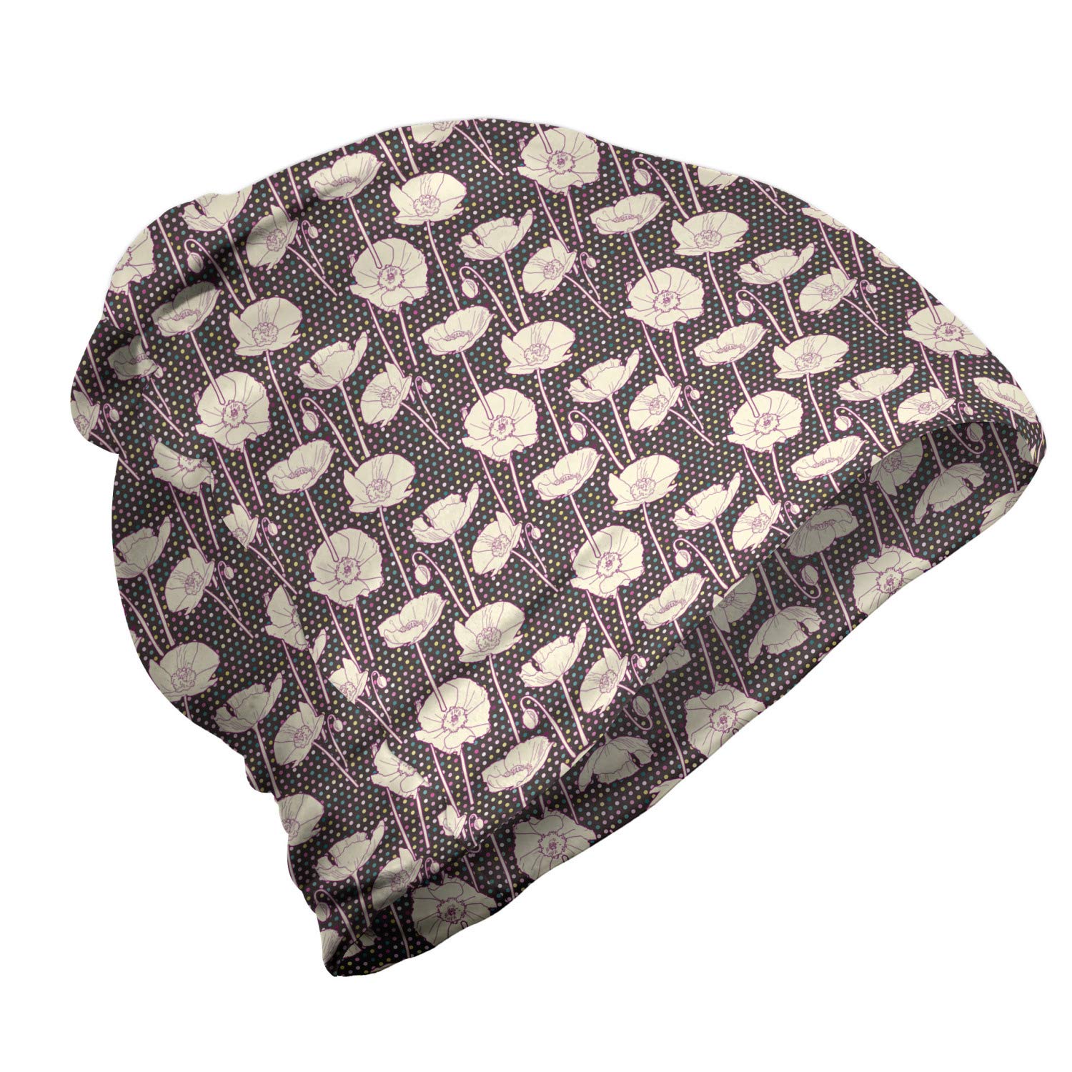 Ambesonne Unisex Beanie - Poppy Flower Branches Dots Design for Men & Women | Warm Winter Knit Hat for Hiking, Outdoor Activities & Casual Wear