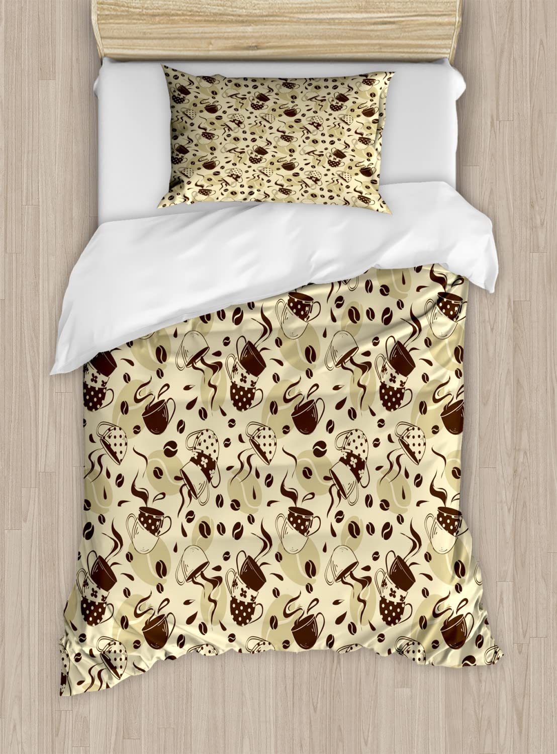 Ambesonne Modern Duvet Cover Set - Queen Size 2-Pack with 4 Pillowcases, Contemporary Coffee Cup & Polka Dot Design in Cream & Brown | Perfect for Bedroom Decor, Guest Rooms & Coffee Lovers