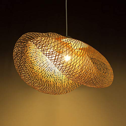 Rattan Pendant Light - 27.5 Inch Wooden Hat-Shaped Ceiling Lamp with Asian Style Design | Perfect for Dining Room, Bedroom, or Boho Home Decor