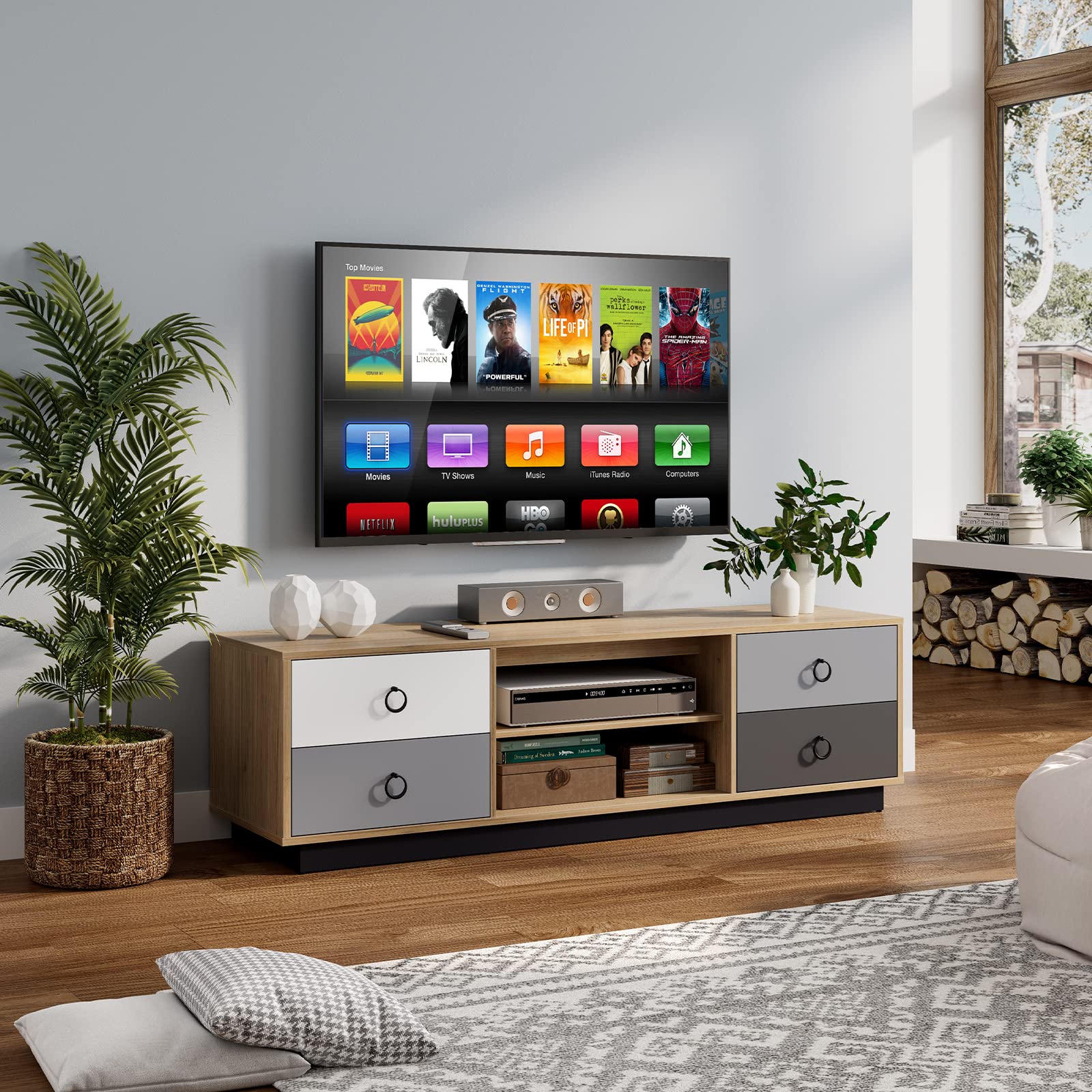 Tangkula 60 Inch Modern TV Stand with 2 Storage Cabinets & 2 Adjustable Shelves - Solid Wood Entertainment Center for Living Room, Bedroom - Cable Management Holes for 55-65 Inch TVs - Perfect for Home Theater & Media Storage