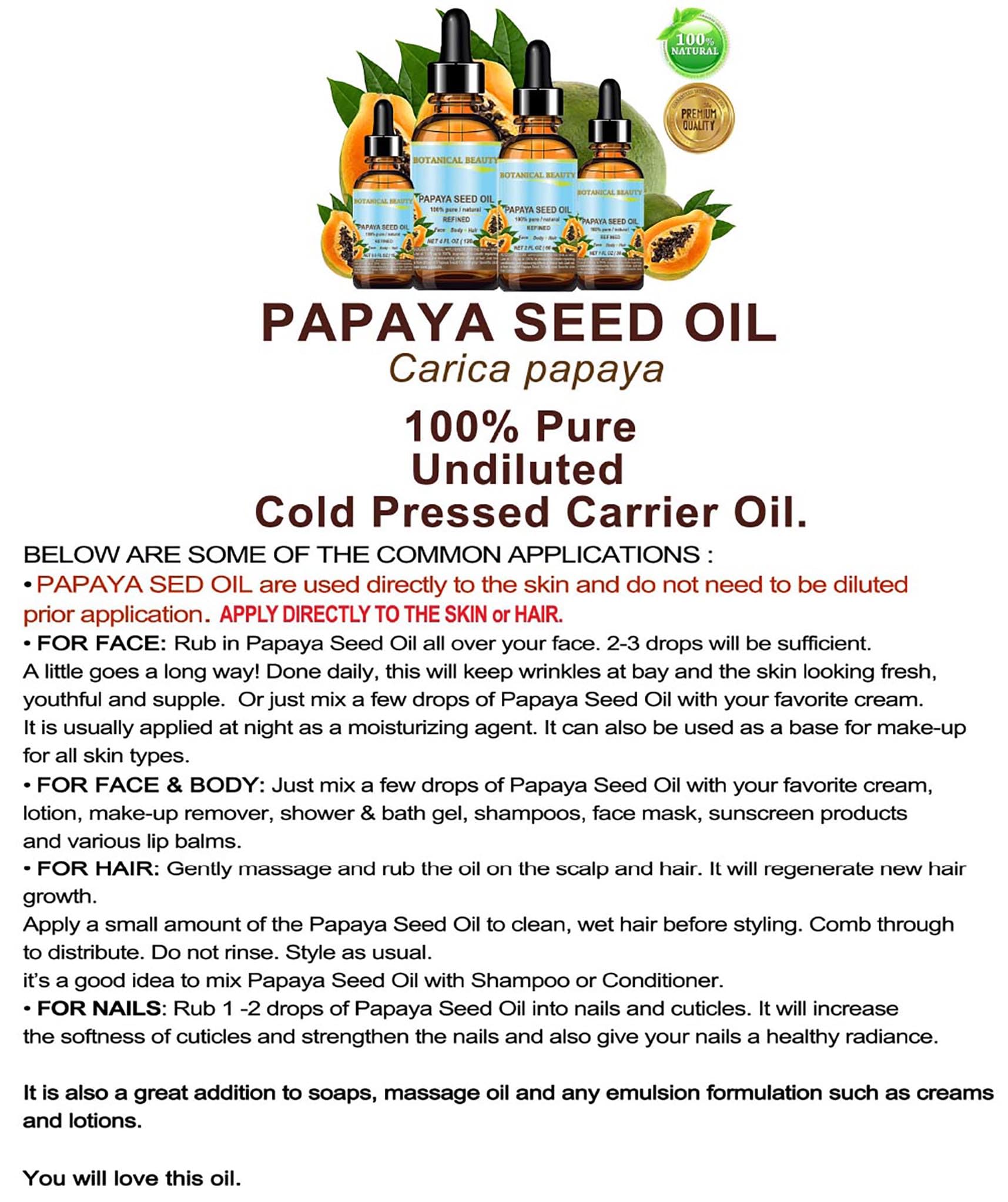 100% Pure Natural Cold Pressed Papaya Seed Oil - Undiluted Refined Carrier Oil for Skin, Hair & Lip Care (1 Fl.oz / 30ml) - Hydrates, Nourishes & Brightens for Face, Body & Beauty Treatments