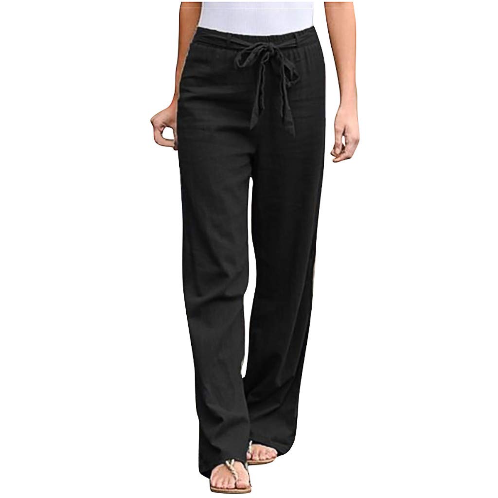 Women's Solid Straight Linen Pants - Elastic Waist with Drawstring, Comfortable Casual Cotton Trousers for Summer | Perfect for Office, Travel & Everyday Wear