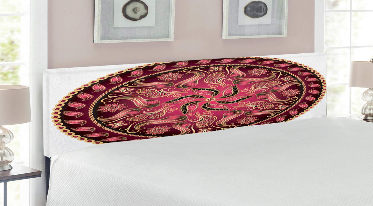 Ambesonne Vintage Mandala Upholstered Headboard - King Size Decorative Metal Bed Frame with Memory Foam - Boho Chic Bedroom Decor in Magenta & Yellow - Perfect for Meditation Spaces, Guest Rooms & Bohemian Style Interiors