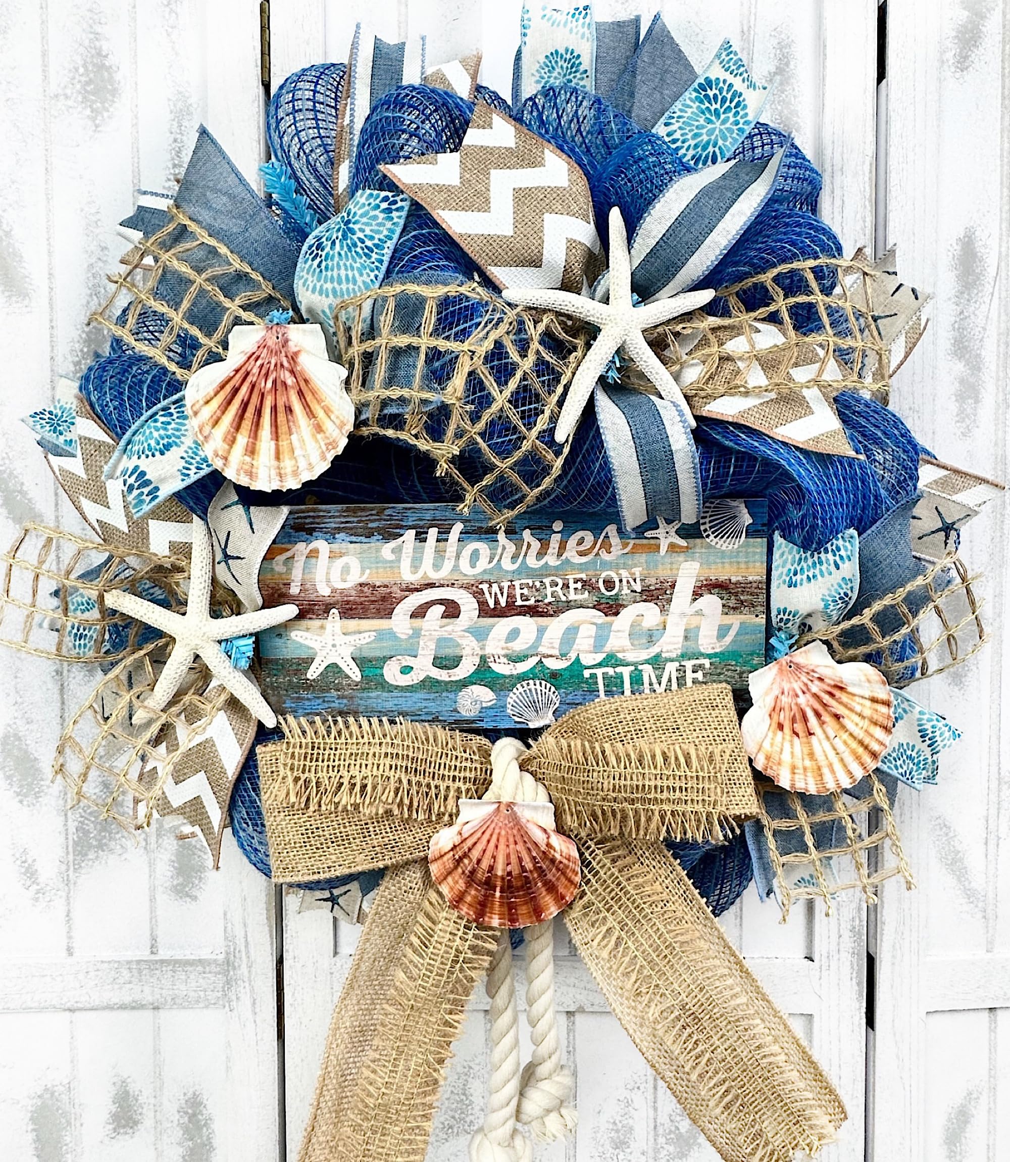 Handmade Blue Burlap Coastal Wreath with Nautical Rope, Starfish & Seashells - 'No Worries We're On Beach Time' Decor for Beach House, Porch or Tropical Home Décor